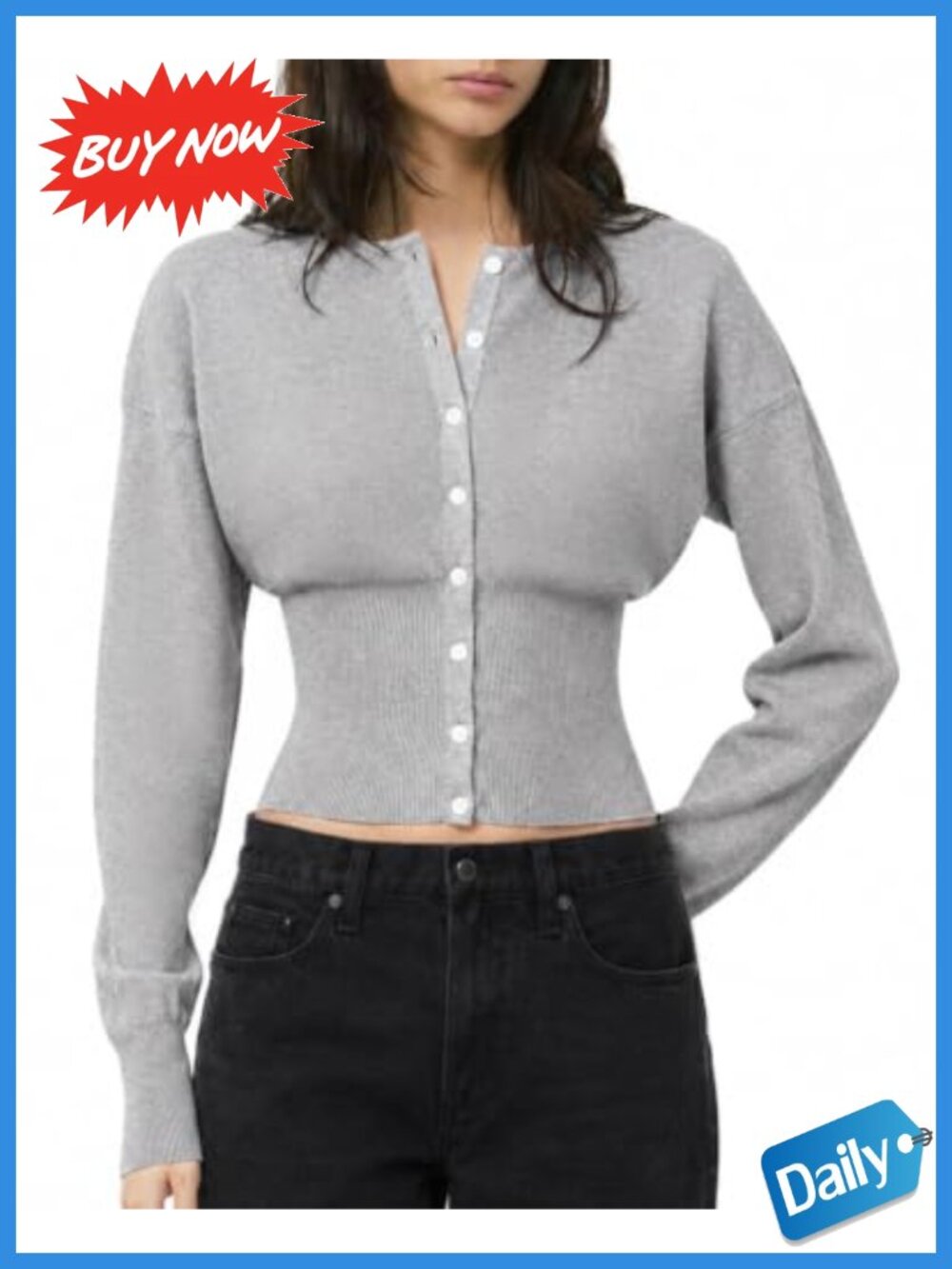 Women's Button Up Cardigan Crewneck Cinched Waist Cropped Sweater